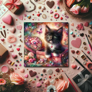 Cute Tuxedo Kitten Flowers Candy Hearts Valentine  Holiday Card