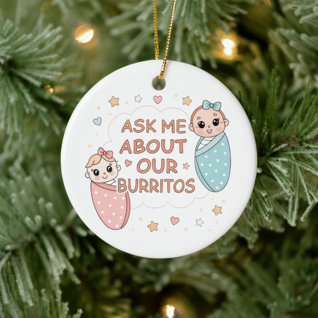 Cute Twin Baby Burrito Announcement Illustration Ceramic Tree Decoration (Tree)
