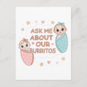 Cute Twin Baby Burrito Announcement Illustration Postcard