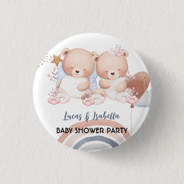 Cute twin bear star balloon baby shower party 3 cm round badge (Front)