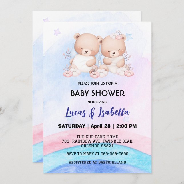 Cute twin bear star balloon baby shower party invitation (Front/Back)