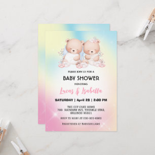 Cute twin bear star balloon baby shower party invitation