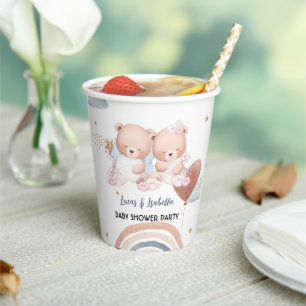 Cute twin bear star balloon baby shower party paper cups