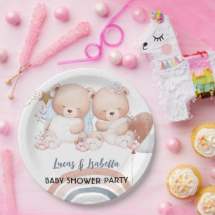 Cute twin bear star balloon baby shower party paper plate