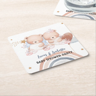 Cute twin bear star balloon baby shower party square paper coaster