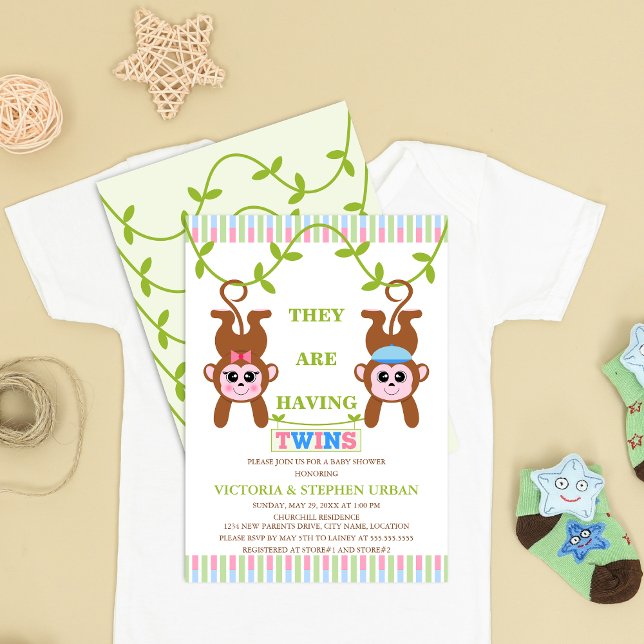Cute Twin Boy and Girl Monkey Baby Shower Invitation (Cute twin boy and girl monkey baby shower invitation front and back view.)