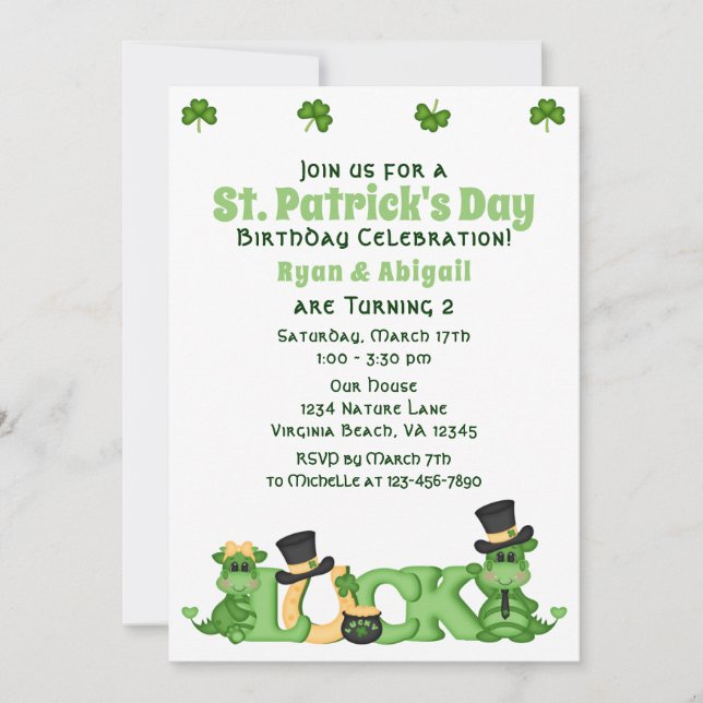Cute Twin Boy and Girl St. Patrick's Day Birthday Invitation (Front)
