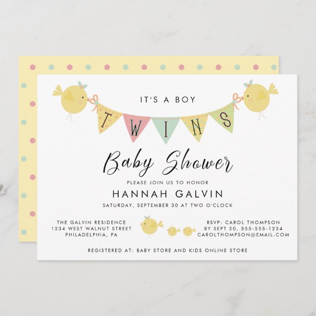 Cute Twin Boys Baby Shower Invitation (Front/Back)