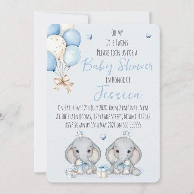 Cute Twin Boys Elephant  Baby Shower Invitation (Front)