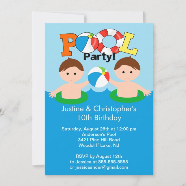 CUTE Twin Boys Pool Party Birthday Invitation (Front)