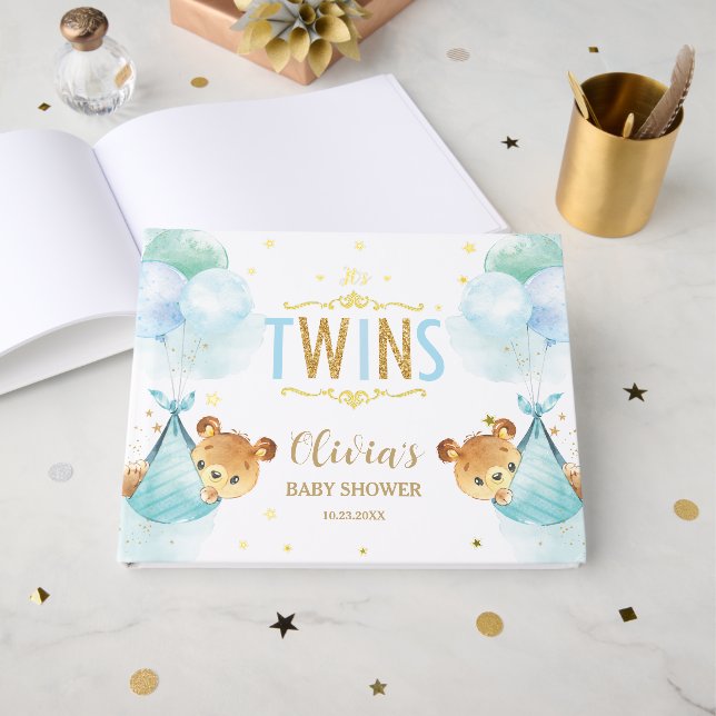 Cute Twin Boys Teddy Bears Twins Baby Shower Guest Book (Front Open)