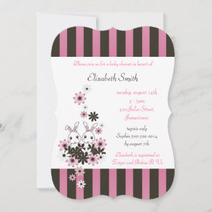 Cute Twin Bunny Pink and Black Girl Baby Shower Invitation