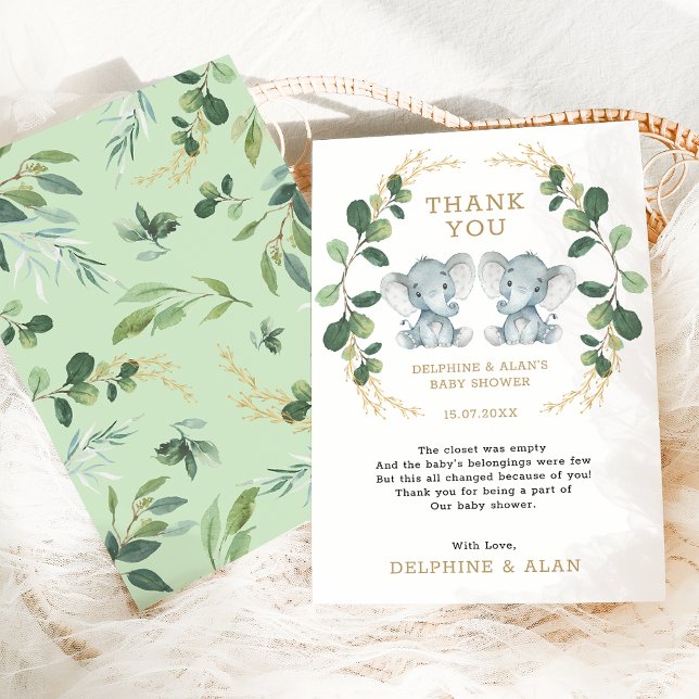 Cute Twin Elephant Babies Greenery Gold Foliage Thank You Card (Creator Uploaded)