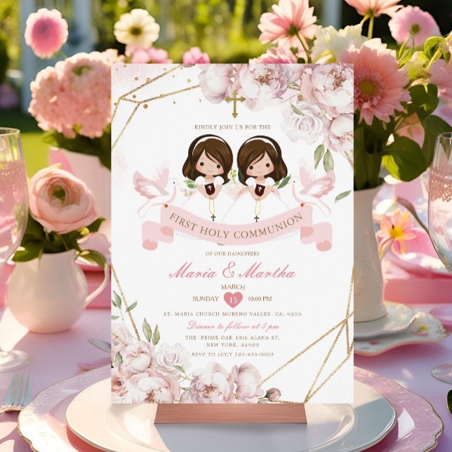 Cute TWIN Girl First Holy Communion Pink Floral Invitation (Creator Uploaded)
