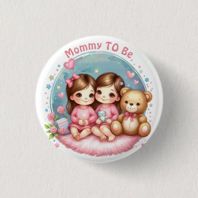 Cute Twin Girl's Baby Shower Mummy To Be 3 Cm Round Badge (Front)