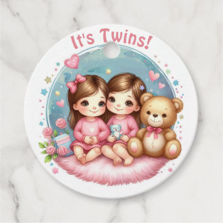 Cute Twin Girl's Baby Shower Watercolor Teddy Bear Favour Tags