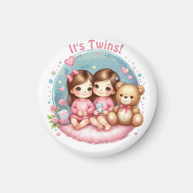 Cute Twin Girl's Baby Shower Watercolor Teddy Bear Magnet (Front)