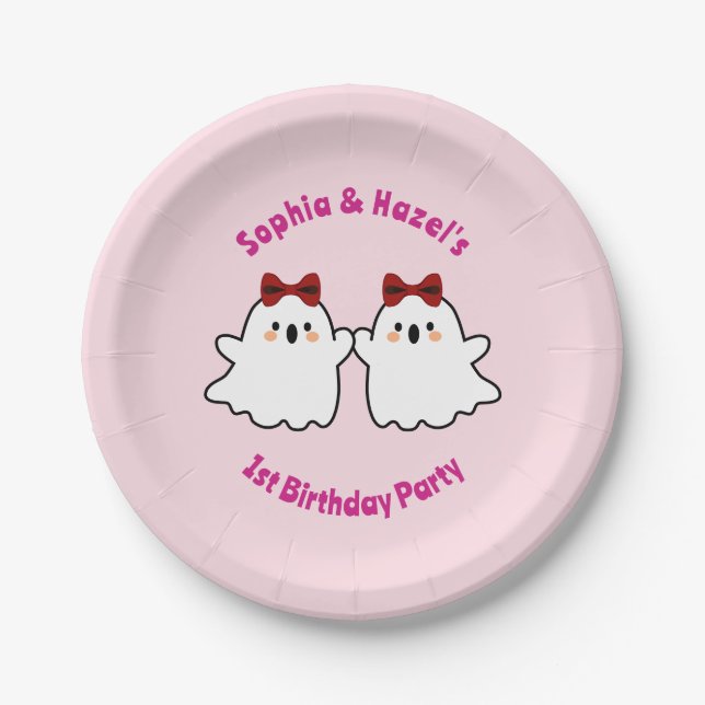 Cute Twin Girls Halloween 1st Birthday Paper Plate (Front)