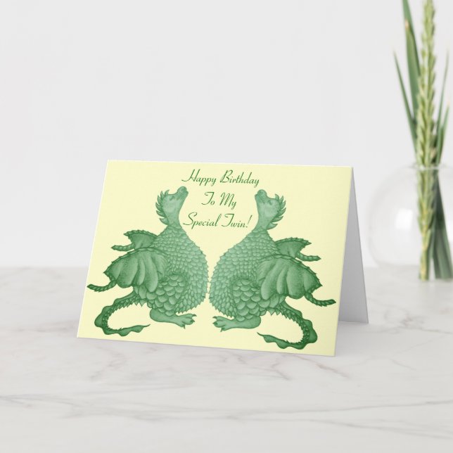 cute twin green dragon mythical fantasy creature card (Front)