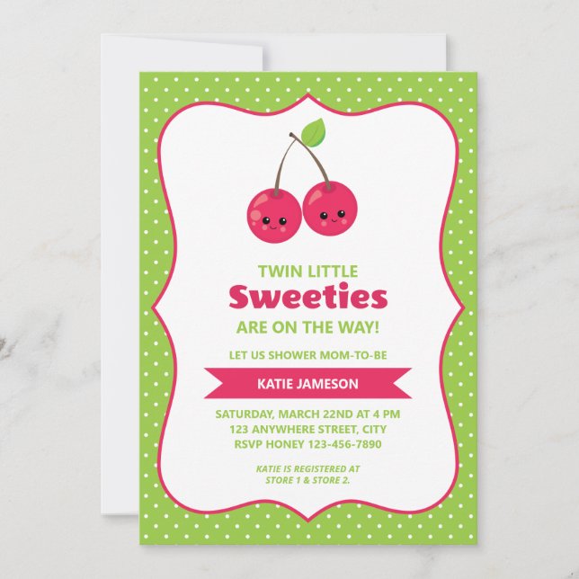 Cute Twin Little Sweeties Cherries Baby Shower Invitation (Front)