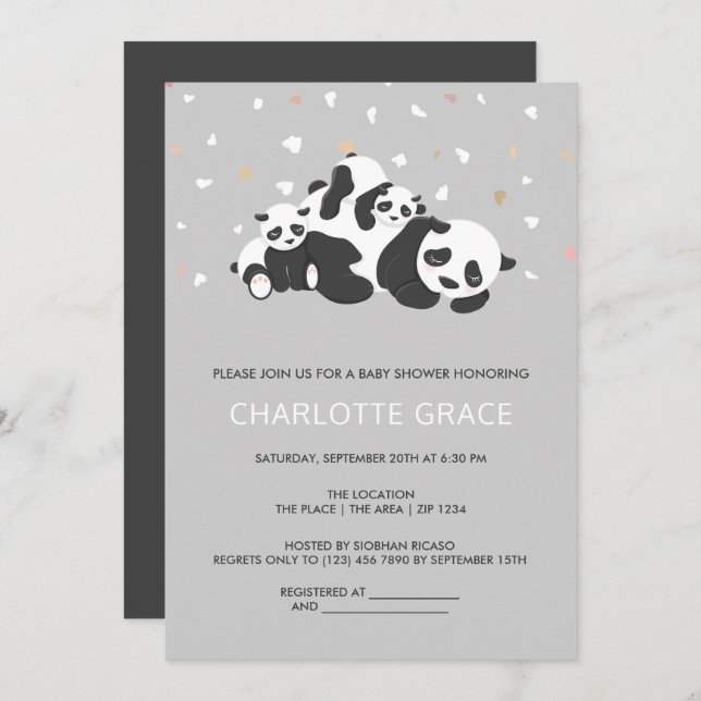 Cute Twin Panda Personalised Baby Shower Invitation (Front/Back)