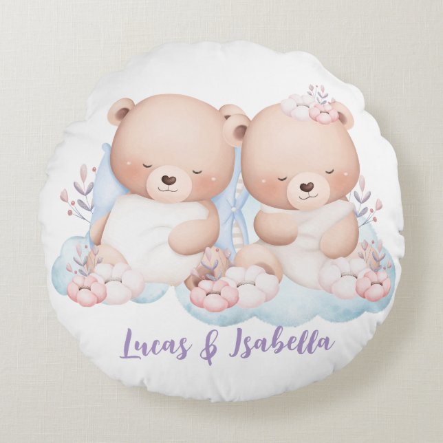 Cute twin teddy bear baby shower party boy girl round cushion (Front)