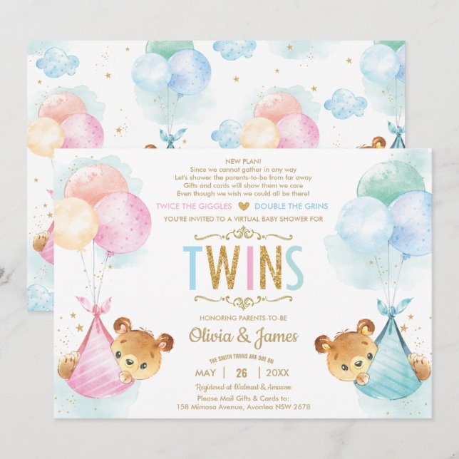 Cute Twin Teddy Bear Girl Boy Baby Shower by Mail Invitation (Front/Back)