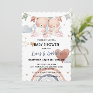 Cute twin teddy bear star balloon baby shower thank you card