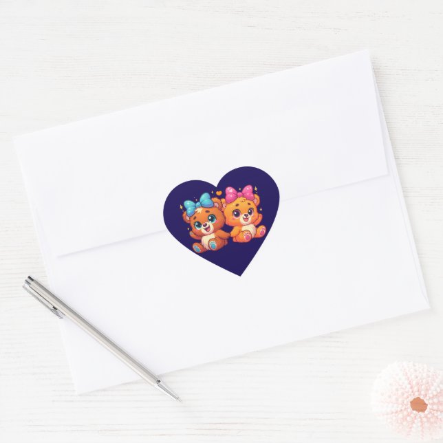 Cute Twin Teddy Bears Heart Sticker (Envelope)