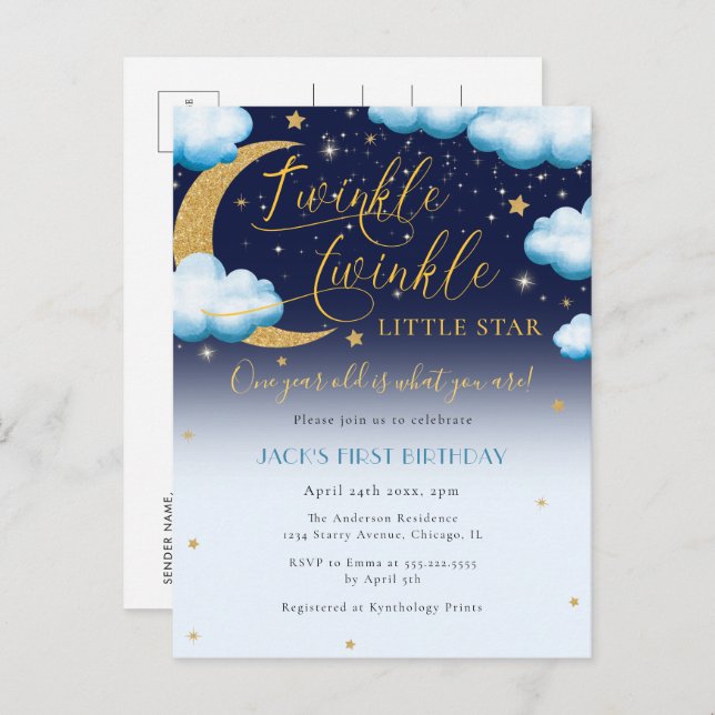 Cute Twinkle Little Star Blue Boy First Birthday Invitation Postcard (Front/Back)
