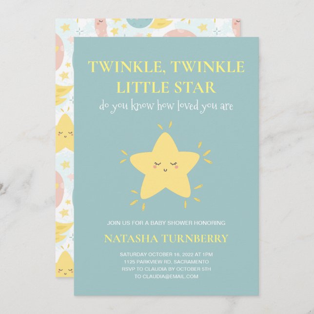 Cute Twinkle Little Star Blue Yellow Baby Shower Invitation (Front/Back)