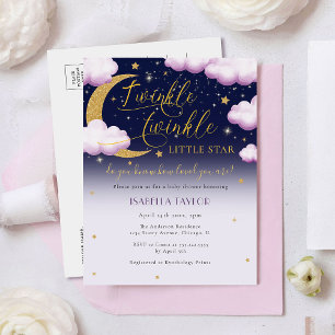 Cute Twinkle Little Star Pink Girl Baby Shower Invitation Postcard