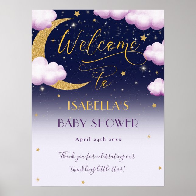Cute Twinkle Little Star Pink Girl Baby Shower Poster (Front)
