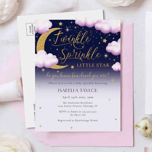 Cute Twinkle Little Star Pink Girl Baby Sprinkle Invitation Postcard (Creator Uploaded)