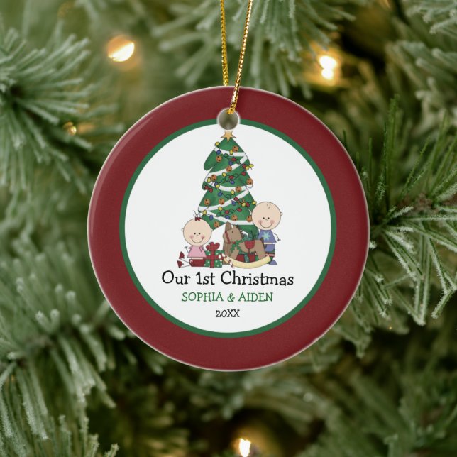 Cute Twins 1st Christmas Personalised Ceramic Tree Decoration (Tree)