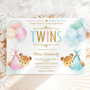 Cute Twins Baby Girl Boy Teddy Bears Baby Shower Invitation