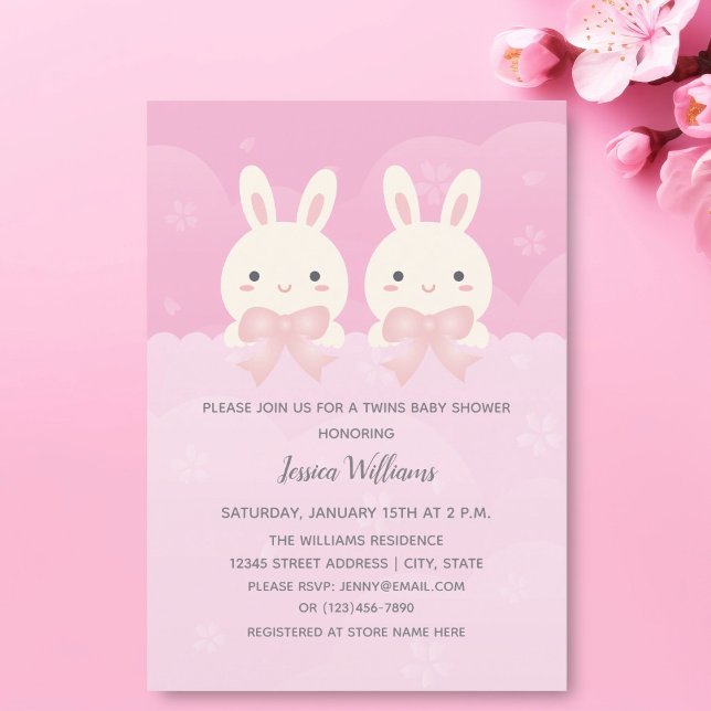 Cute Twins Baby Girl Bunny Themed Baby Shower Invitation (Creator Uploaded)