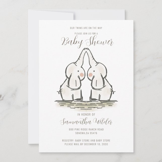 Cute Twins Baby Shower By Mail Elephants Invitation (Front)