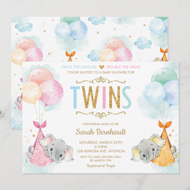 Cute Twins Boy Girl Elephant Baby Shower Sprinkle Invitation (Front/Back)