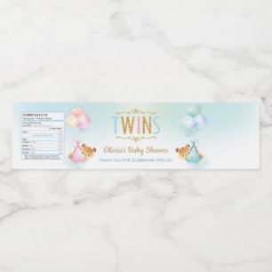 Cute Twins Boy Girl Teddy Bear Baby Shower Favour Water Bottle Label