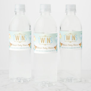 Cute Twins Boys Teddy Bear Baby Shower Favour Water Bottle Label