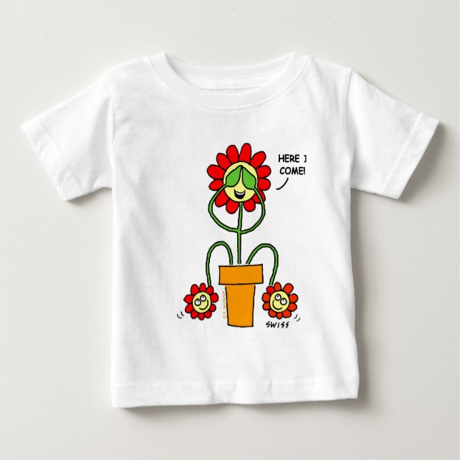 Cute Twins Cartoon Flowers Mum with Twin Babies Baby T-Shirt (Front)