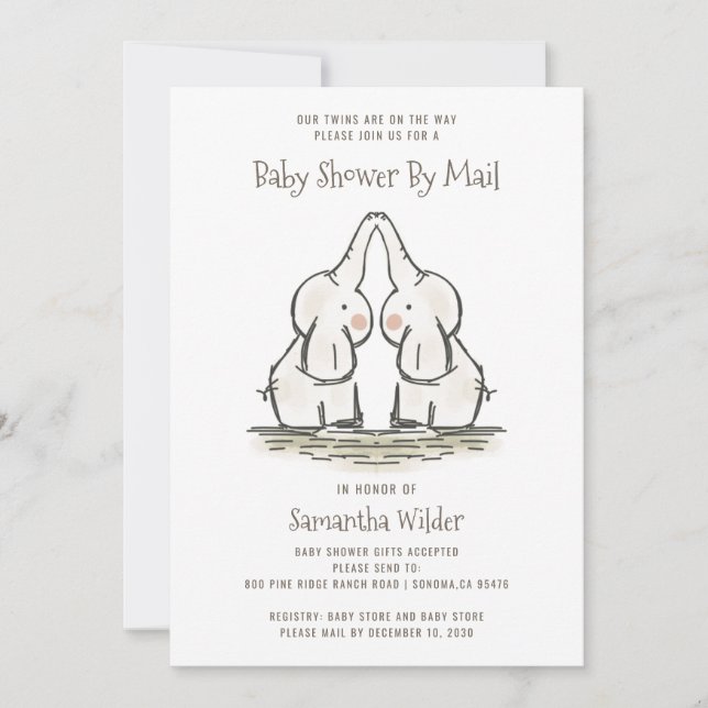 Cute Twins Elephants Baby Shower By Mail Invitation (Front)
