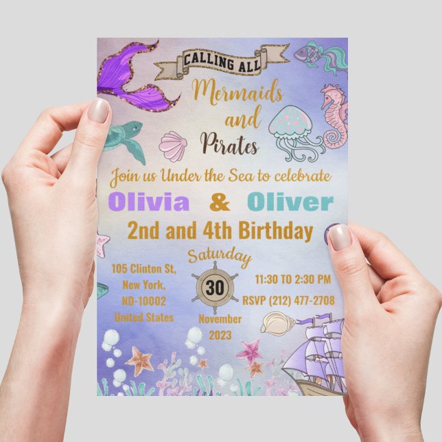 Cute Twins Mermaids and Pirates Birthday Party Invitation (Creator Uploaded)