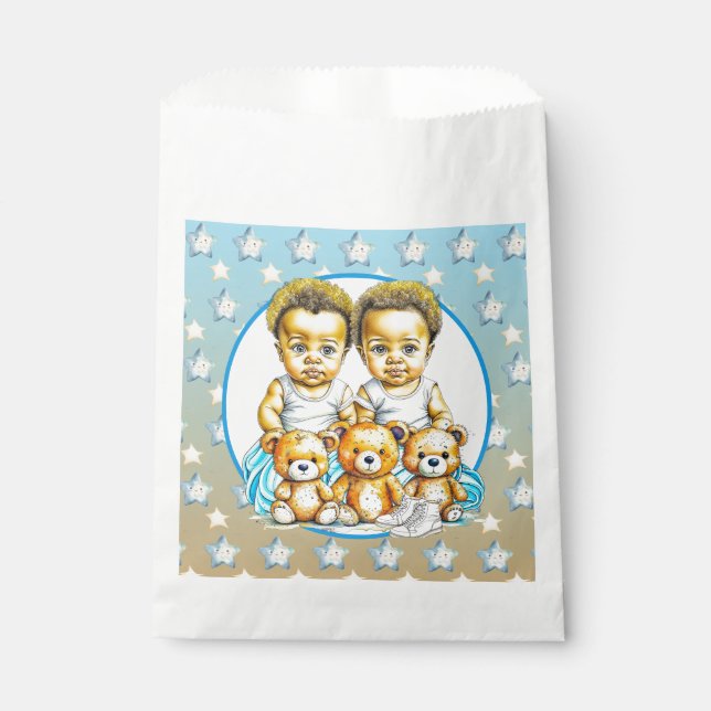 Cute Twins of colour Baby Boys Baby Shower Treats Favour Bags (Front)