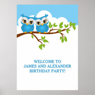 Cute Twins Owls on Branch Boys Birthday Poster