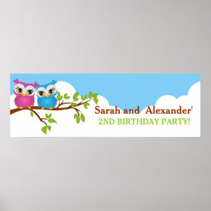 Cute Twins Owls on Branch Girl Boy Birthday Banner Poster