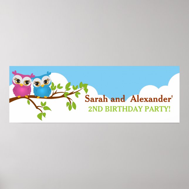 Cute Twins Owls on Branch Girl Boy Birthday Banner Poster (Front)