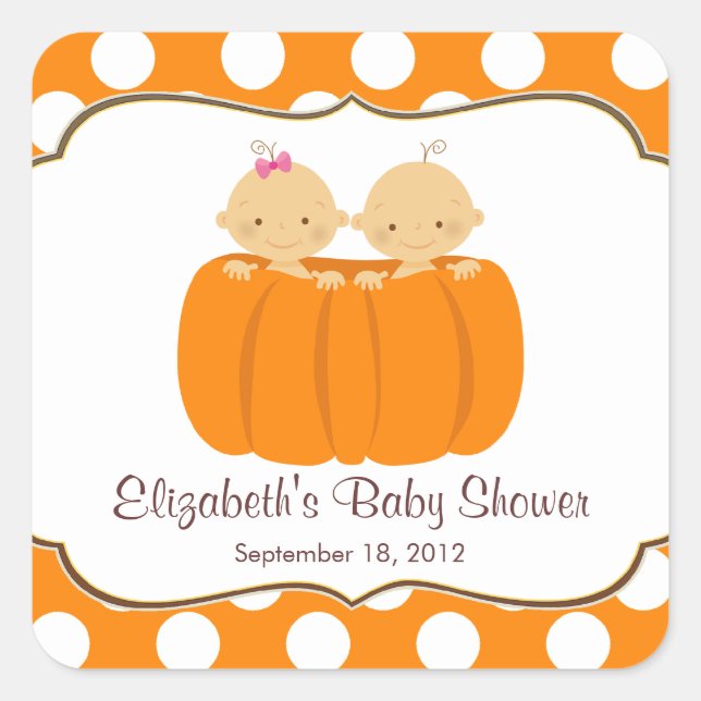 Cute Twins Pumpkin Baby Shower Square Sticker! Square Sticker (Front)