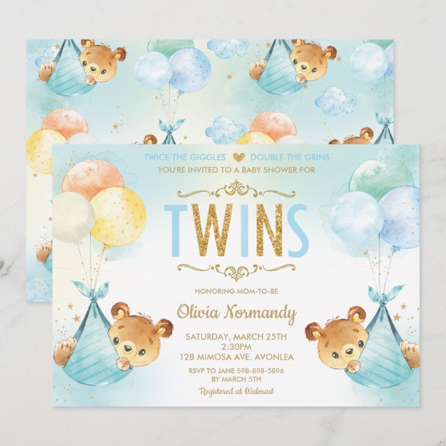 Cute Twins Twin Baby Boys Teddy Bears Baby Shower  Invitation (Front/Back)